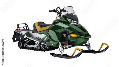 Canvastavla Green and yellow snowmobile with black track and skis, isolated on transparent b