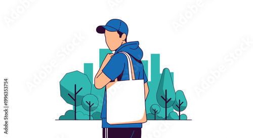 Young man standing and carrying a blank white tote bag over his shoulder.