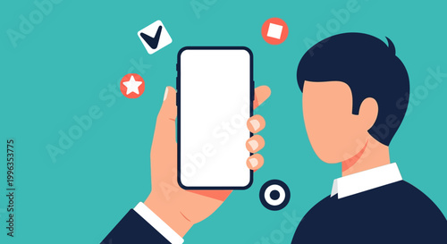 Flat vector illustration of a person holding a smartphone with floating UI icons.
