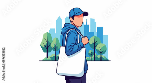 Illustration of a young person carrying a blank white tote bag over their shoulder.