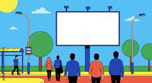 A group of diverse people walking on the sidewalk looking at a blank billboard.