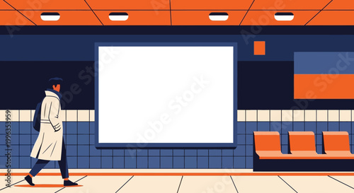 A person wearing a trench coat walking through a subway station.