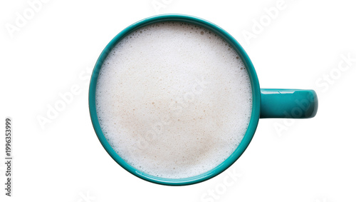 Foto Teal ceramic mug filled with frothy milk, isolated on transparent background
