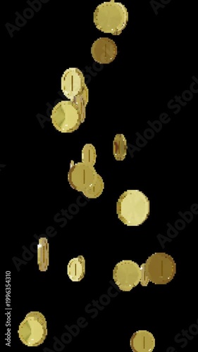 Vertical pixel art golden coin falling animation on transparent alpha channel.