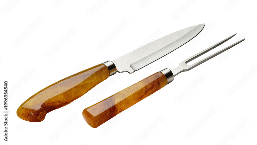 Fototapeta premium Polished stainless steel carving knife and fork with amber resin handles, isolated on transparent background
