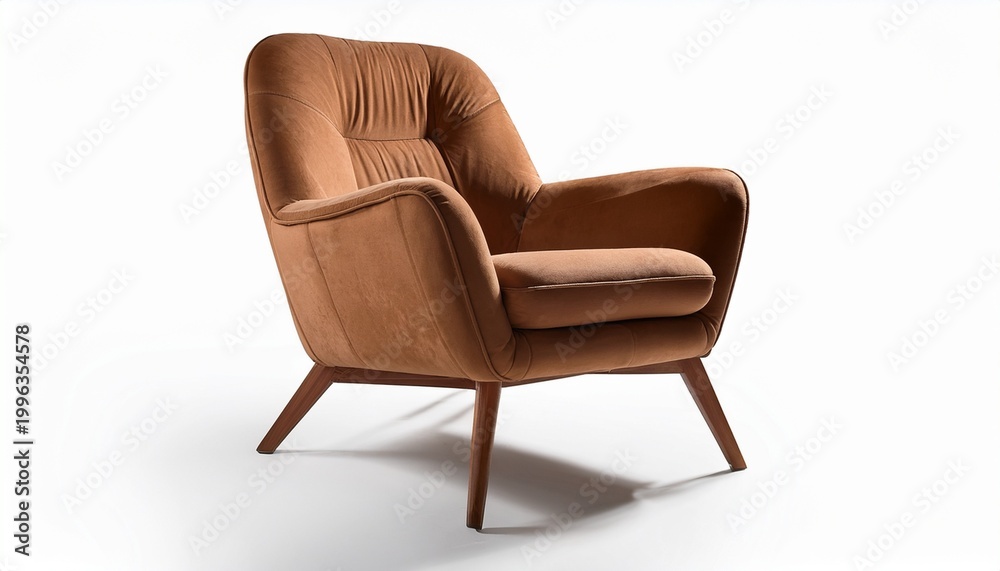 Fototapeta premium a comfortable suede lounge chair with wooden legs featuring an artistic modern shape and brown color minimalistic furniture on isolated white background stock image hd quality