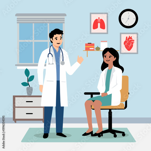 Doctor and patient consultation and discussion illustration with hospital room interior background