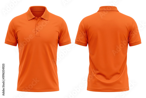 Blank orange short-sleeve polo shirt mockup, front and back view, for design print. Isolated on transparent background, png