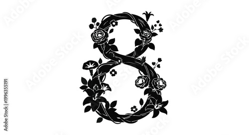 Decorative number 8, floral design element, elegant typography, ornate numeral eight with flowers and leaves, black and white illustration for design and decoration