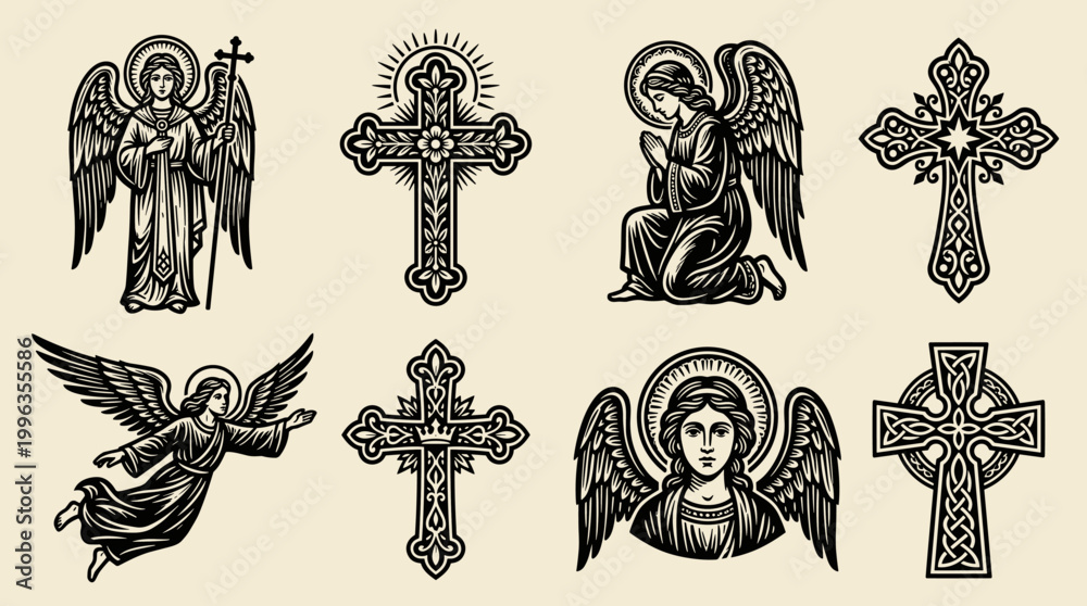 Fototapeta premium Linocut Angel and Cross Illustration Set: Black Woodblock Graphic Elements on Cream Background
