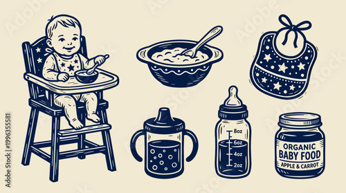 Linocut Baby Feeding Illustration Set: High Chair, Bottle, Bowl, and Bib Icons
