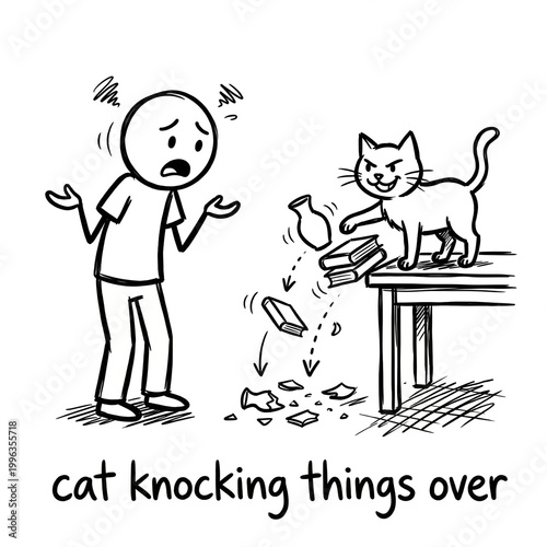 Funny Stick Figure Cartoon of Mischievous Cat Knocking Objects Off Table