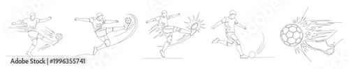 Expressive single line art of soccer player performing a powerful kick with motion trails and energetic bursts.