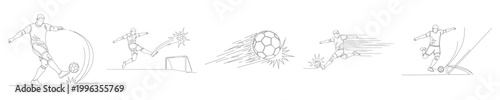 Fluid one line sketch of soccer player executing a swift kick with stylized speed lines and impact graphics.