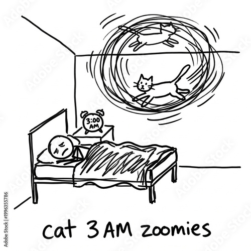 Stick Figure Cartoon of Cat Running on Ceiling During 3 AM Zoomies