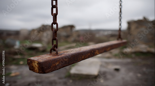 Rusty swing chain and seat in a desolate environment under a grey sky, conveying feelings of abandonment and melancholy in a ruinous setting