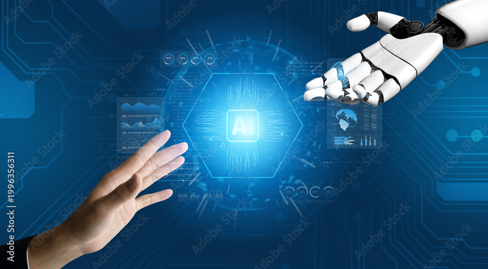 Fototapeta premium Human and Robot Interaction with Artificial Intelligence Concept in a Futuristic Digital Environment Sigmoid