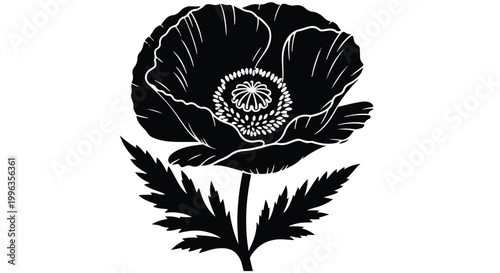 Black and white poppy flower silhouette with detailed petals and leaves, botanical design element isolated on white background.