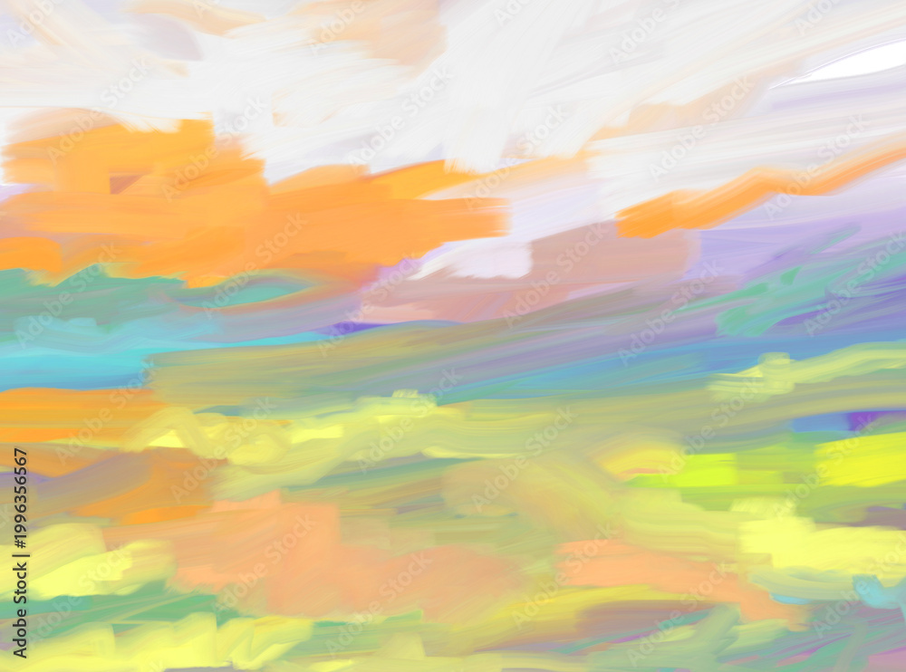 Fototapeta premium Impressionistic Abstract Digital Painting, Art, Landscape of Sunrise or Sunset Over Hills, Meadow, Field Countryside w/Blooming illustration, design, art, painting, in Orange, Yellow, Lavender & Green