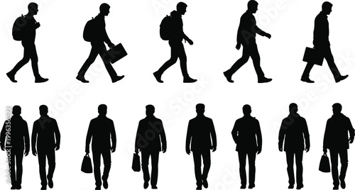 Collection of walking men silhouettes with backpacks and briefcases, side and front view of male commuters going to work,