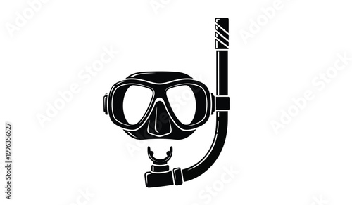 A detailed black silhouette depicts a vintage diving mask and snorkel showcasing classic underwater exploration equipment silhouette high quality professional modern elegant stylish clean