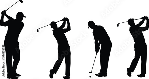 Set of male golfer silhouettes swinging club and putting ball, professional golf player action poses isolated on white background,