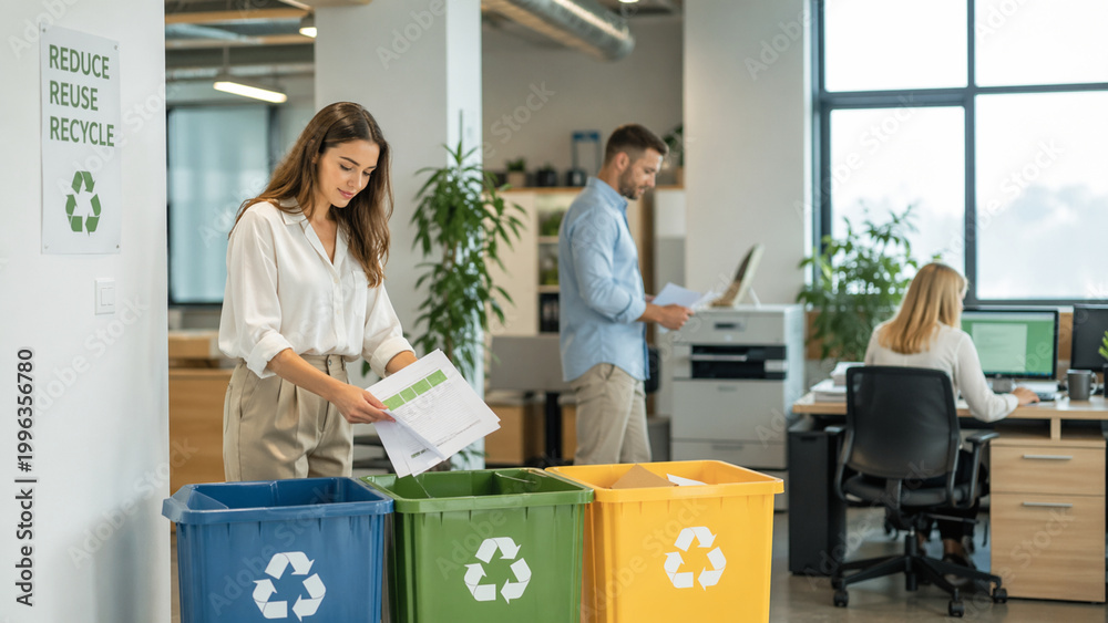 Obraz premium office workers sorting paper waste into recycling bins