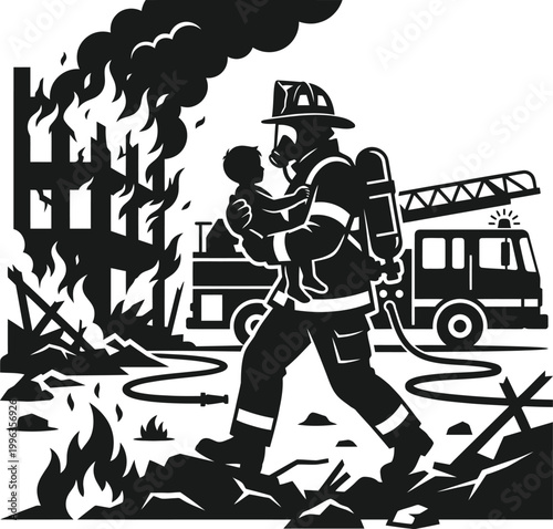 Firefighter rescuing a child from burning building