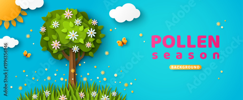 Flowering tree, bloom meadow, visible pollen in blue sky. Vector illustration. 3d Paper spring allergy season concept. Pollen forecast background. Allergic poster banner. Summer sun and clouds