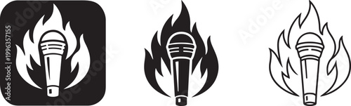 Flaming microphone logo silhouette bold vector icon.