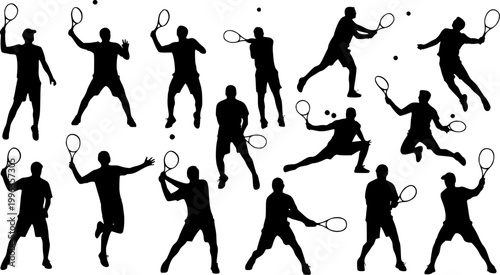 Tennis, group of male tennis players, isolated vector silhouettes, summer sports
