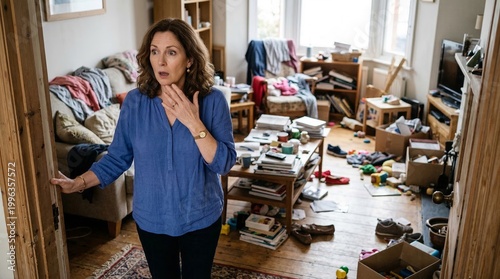 A shocked woman stands in a teenager's cluttered room, the house is in disarray and the stress of disorganization