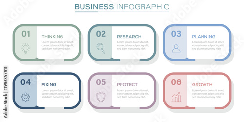 Business infographic template with six steps for planning and growth strategy