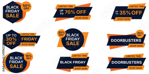 Black Friday Sale Badges Set with Discount Labels and Promo Banners. Vector collection of orange and dark blue shopping stickers for retail, limited time offers, and doorbusters promotion.