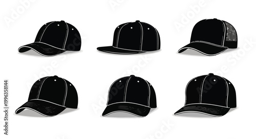 Collection of black baseball caps with white trim