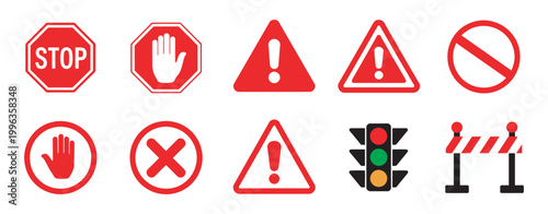 Red warning and prohibition signs set, safety alert icons, stop hand no entry danger symbols traffic barrier flat vector illustration pack
