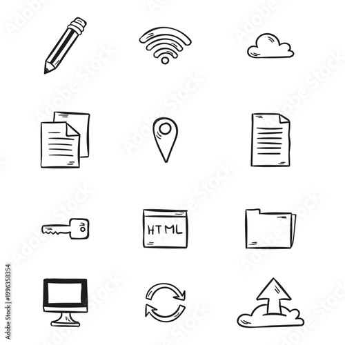 Hand-drawn Doodle Technology and Business Icons Set for Web Design and Digital Projects