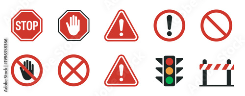 Red warning and prohibition signs set, safety alert icons, stop hand no entry danger symbols traffic barrier flat vector illustration pack