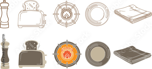Vector illustrations of kitchen items including toasters, plates, napkins, pepper mills