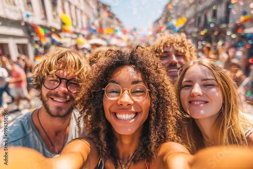 Diverse group of happy young friends taking a selfie together at a vibrant pride parade festival, smiling multiracial people celebrating diversity, joy, and equality in a colorful city street crowd.