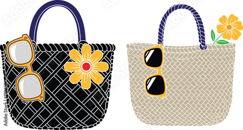 Two colorful handbags with sunglasses and flowers