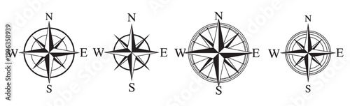 Classic compass rose icon set, nautical navigation symbols, round and star compass variants, directional N E S W markers vector illustration pack