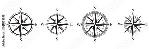 Classic compass rose icon set, round and star variants, N E S W markers, nautical navigation emblems, line flat colored vector icons collection