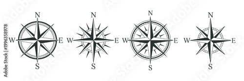 Classic compass rose icon set, round and star variants, N E S W markers, nautical navigation emblems, line flat colored vector icons collection