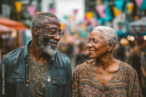 Happy senior African American couple enjoying a romantic walk through a vibrant outdoor street market, smiling and looking at each other with love, retirement lifestyle and togetherness concept.