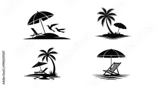 Beach resort vacation icons with palm trees umbrellas and sun loungers.