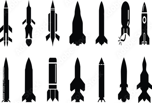 Rocket missile space launch vehicle icon set collection group in black flat style featuring rocket, missile, spacecraft, booster, launch synonym elements for aerospace, military and technology design