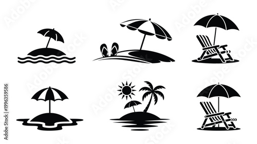 Collection of summer vacation beach icons featuring umbrellas chairs and palm trees.