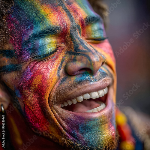 Close-up portrait of a joyful man with vibrant rainbow face paint laughing during a Holi festival celebration; expressive artistic makeup capturing pure happiness, diversity, and creativity.
