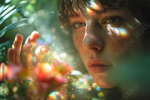 Close-up portrait of a young woman with natural freckles touching flowers in a dreamlike garden, soft sunlight, artistic rainbow prism light leaks, ethereal mood, beauty, wellness, mindfulness